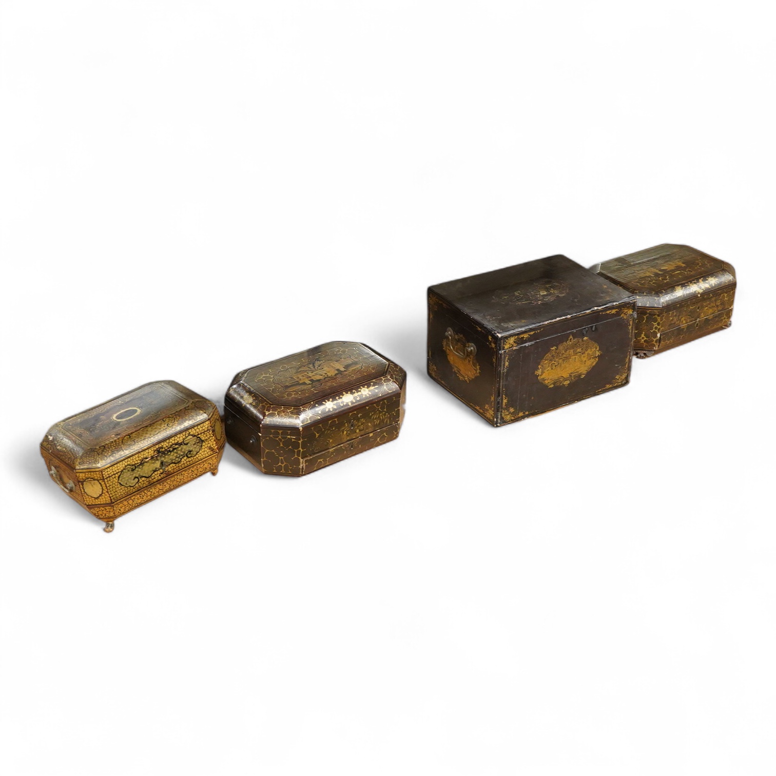 Three 19th-century Chinese gilt-decorated black lacquer sewing boxes, two containing bone sewing accessories, together with a similar tea chest (4) largest box- 33.3cm wide x 20cm high